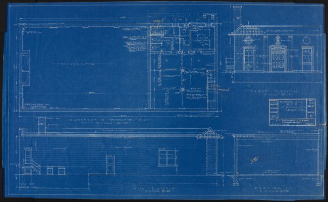 <span style="font-weight: 400;">Plan architectural dessiné à la main en bleu et blanc, représentant les façades (élévations) avant et latérale ainsi que le plan du sous-sol.</span>