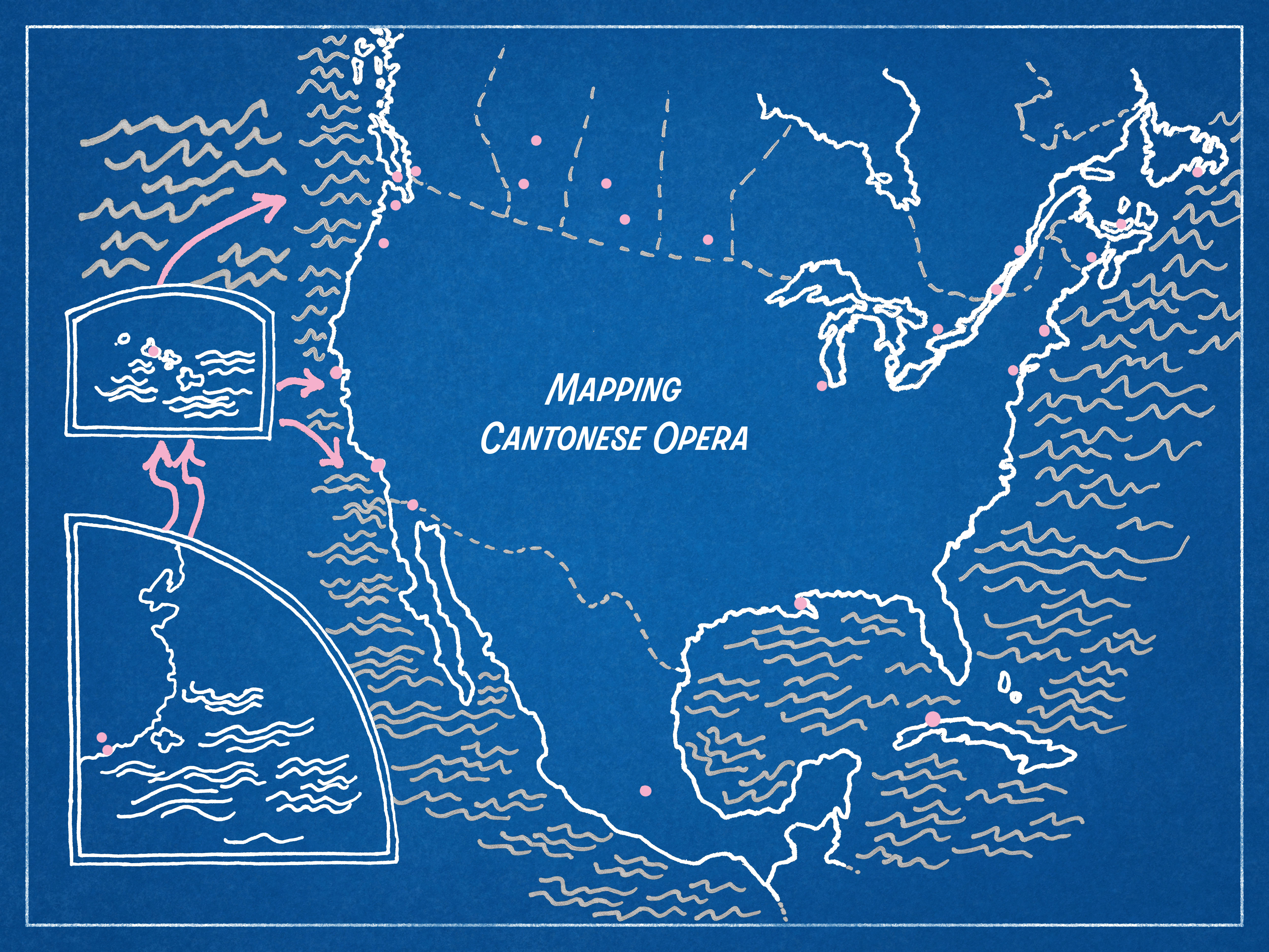 <span style="font-weight: 400;">A hand-drawn map of North America in white pen on a cobalt blue background, featuring small windows highlighting Honolulu, Guangzhou, and Hong Kong.</span>