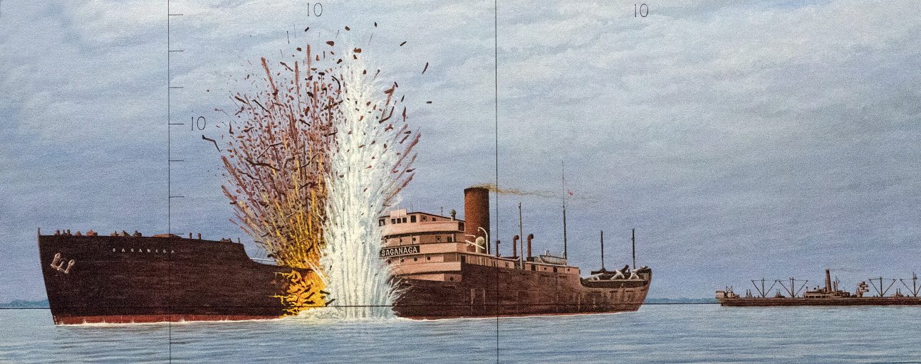 Peinture d’un navire marchand avec une torpille explosant dans son flanc