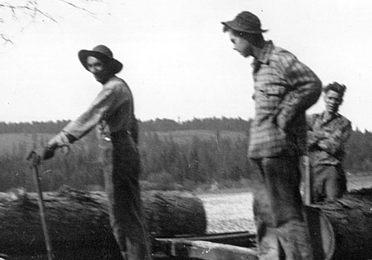 Trois hommes travaillent à côté d’une scierie rudimentaire. La scie coupe une bûche de mélèze. Une autre bûche est sur un chariot pour être coupée après. La scierie est au milieu d’un champ.