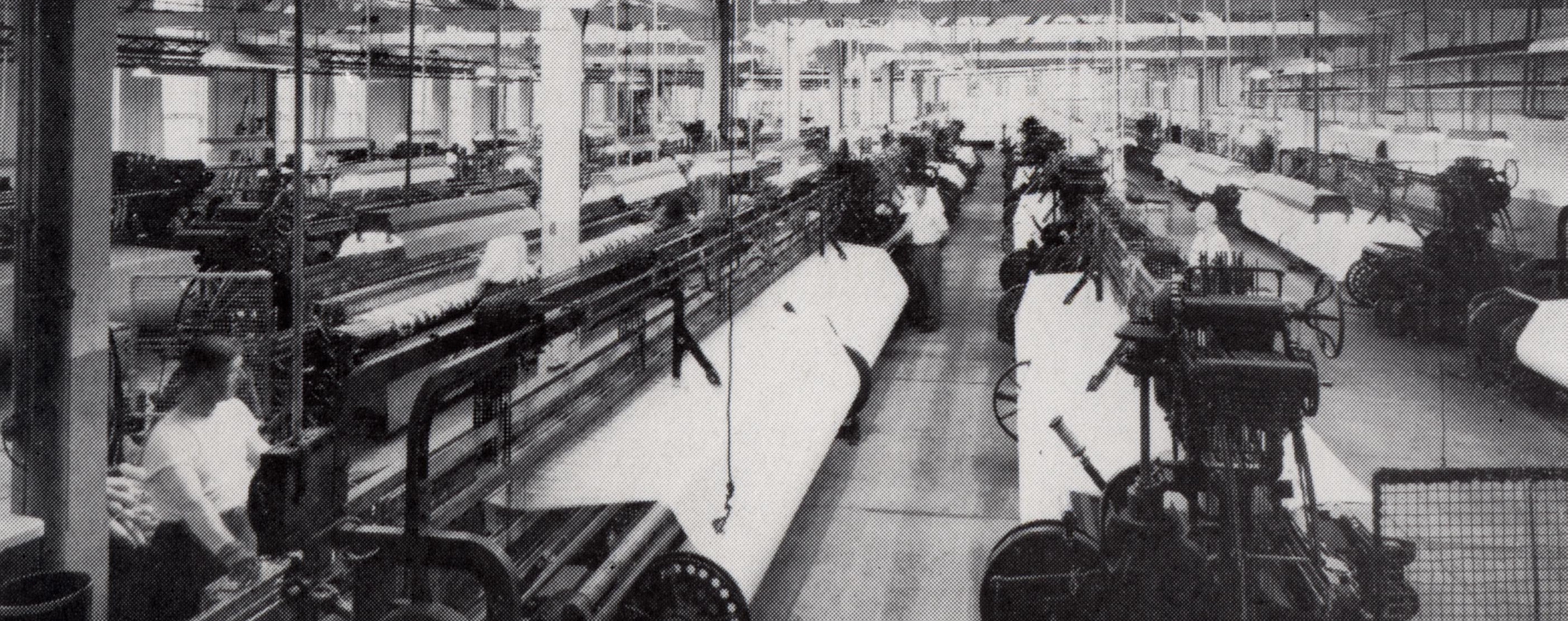 Un sol d'usine avec plusieurs rangées de machines à tisser.