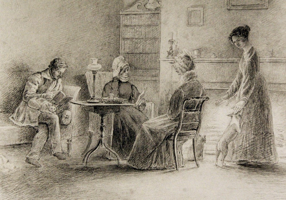 Croquis en noir et blanc de l'intérieur de la maison Blythe. On y voit John assis sur un canapé, deux femmes à table et Anne Langton devant un feu de cheminée en train de caresser un petit chien.