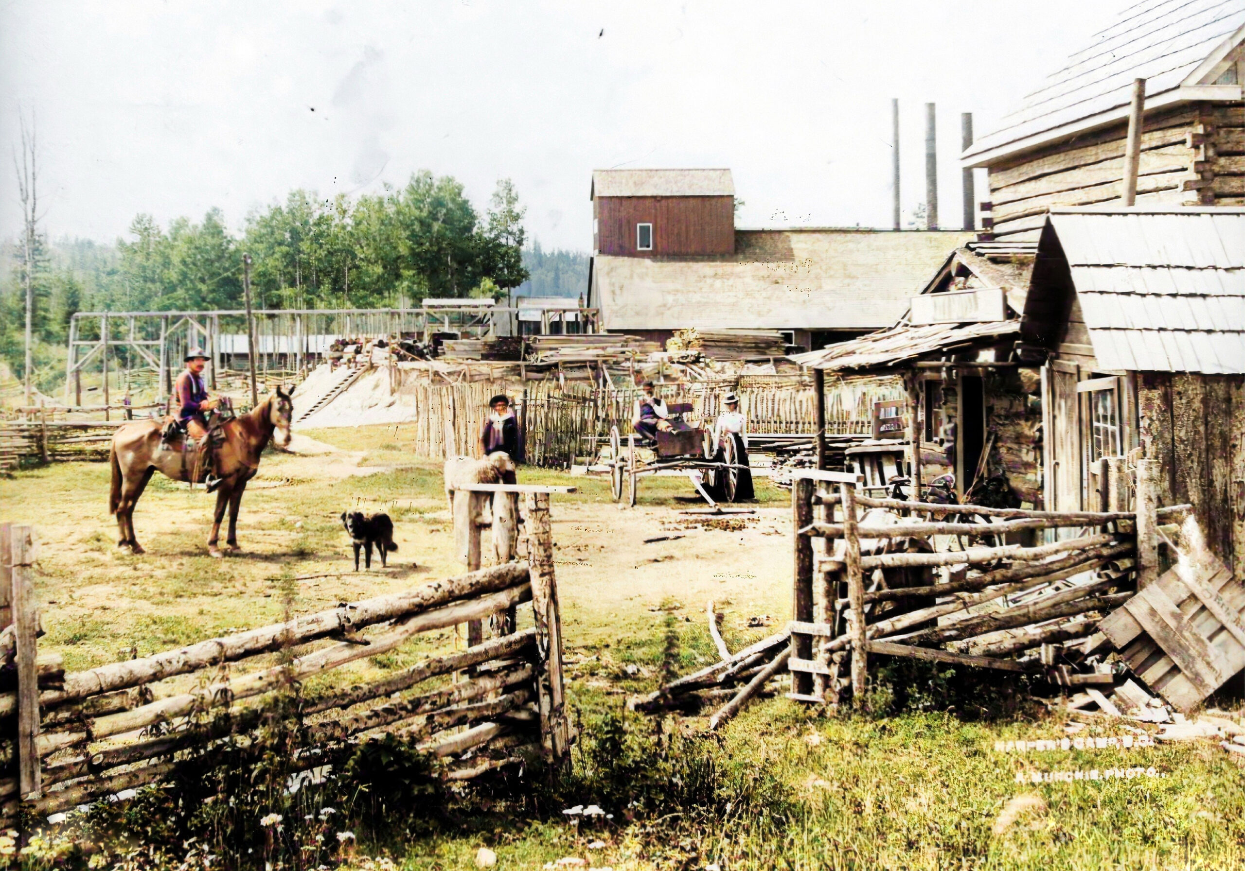 Homme à cheval, chien et charrette devant bâtiments et clôtures en bois