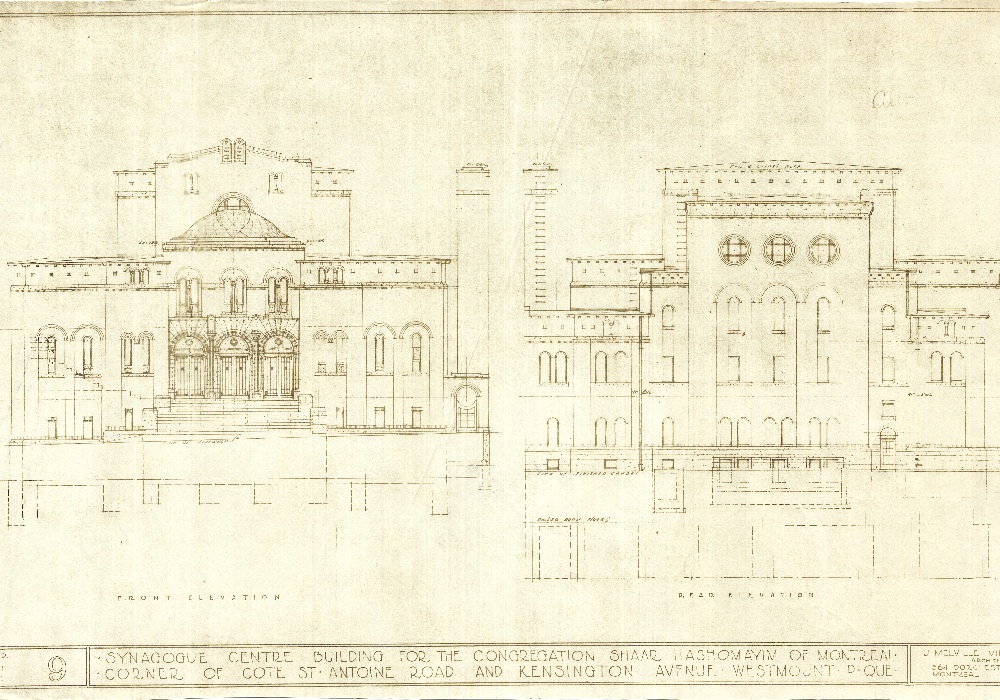 Dessin architectural de la vue de face et de l’arrière de l’édifice Shaar Hashomayim à Westmount.