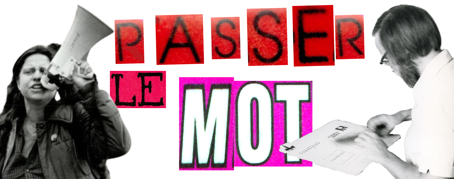 Une illustration captivante met en scène la phrase « Getting The Word Out » (Passer Le Mot) écrite en rouge, noir et bleu. Dans le coin supérieur gauche, une personne est positionnée de manière à donner l’impression qu’elle peint le titre. Au coin inférieur gauche, une autre personne parle dans un mégaphone, tandis qu’au coin inférieur droit, une troisième personne travaille sur la mise en page d’un journal.