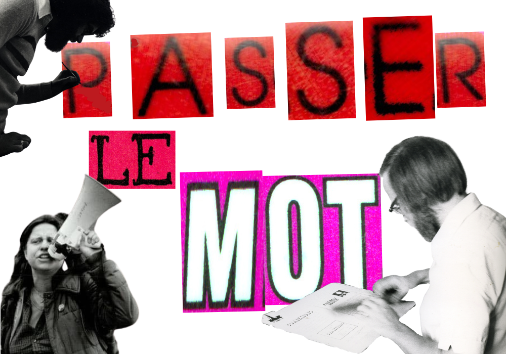 Une illustration captivante met en scène la phrase « Getting The Word Out » (Passer Le Mot) écrite en rouge, noir et bleu. Dans le coin supérieur gauche, une personne est positionnée de manière à donner l’impression qu’elle peint le titre. Au coin inférieur gauche, une autre personne parle dans un mégaphone, tandis qu’au coin inférieur droit, une troisième personne travaille sur la mise en page d’un journal.